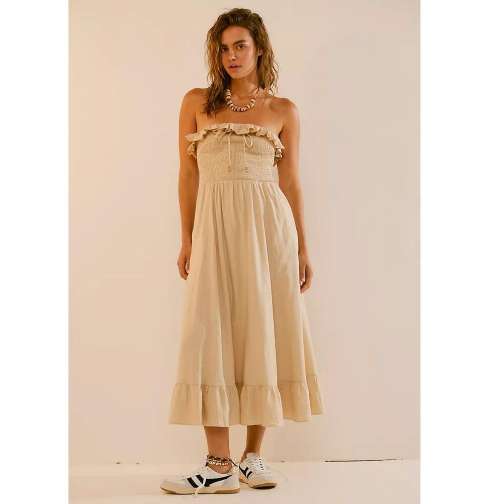 New FREE PEOPLE Lush Life Linen Strapless Midi Dress $98 LARGE Bleached Sand